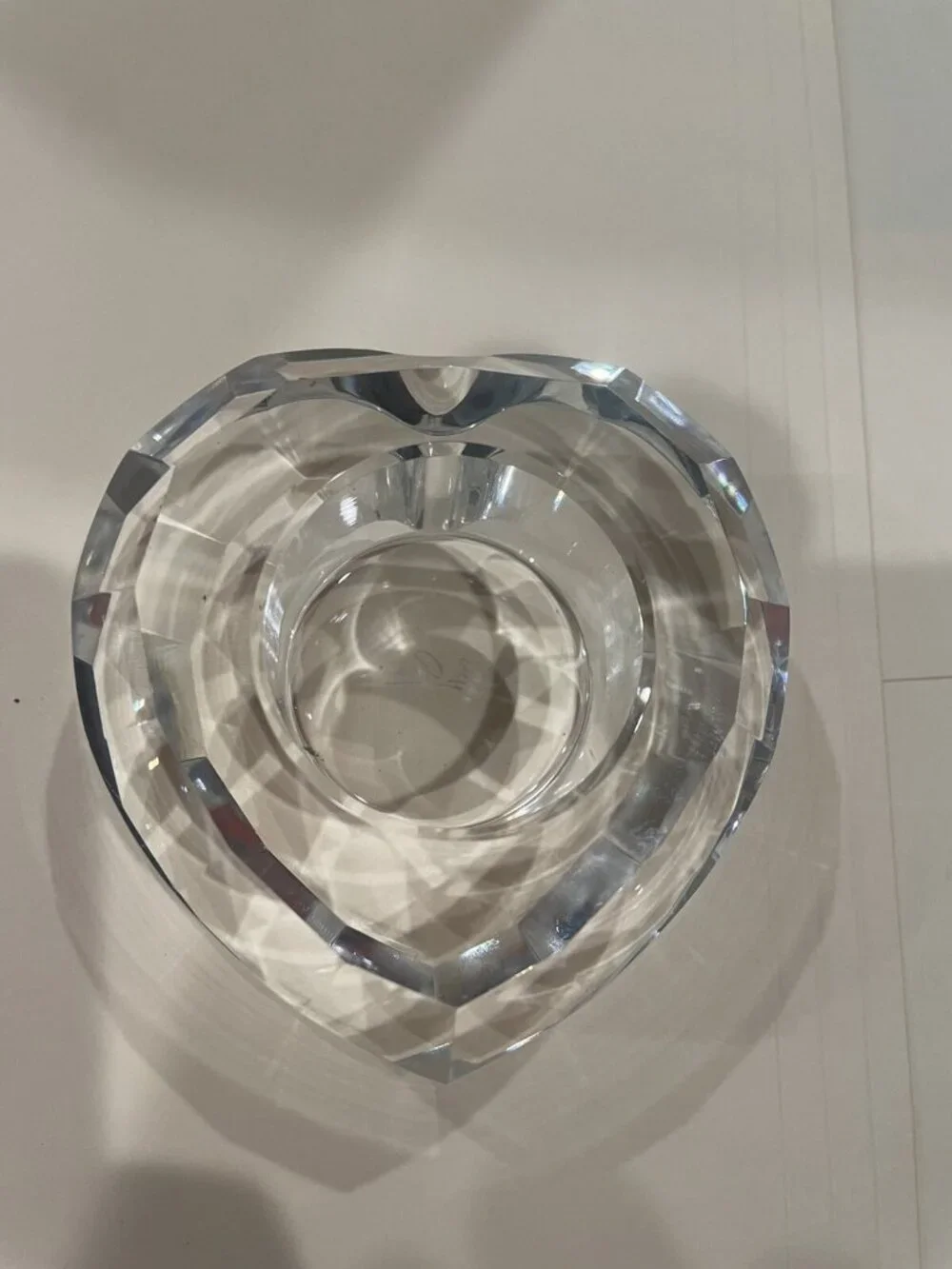 Oleg Cassini: Crystal Heart Shaped Glass Votive Candle Holder Clear Signed